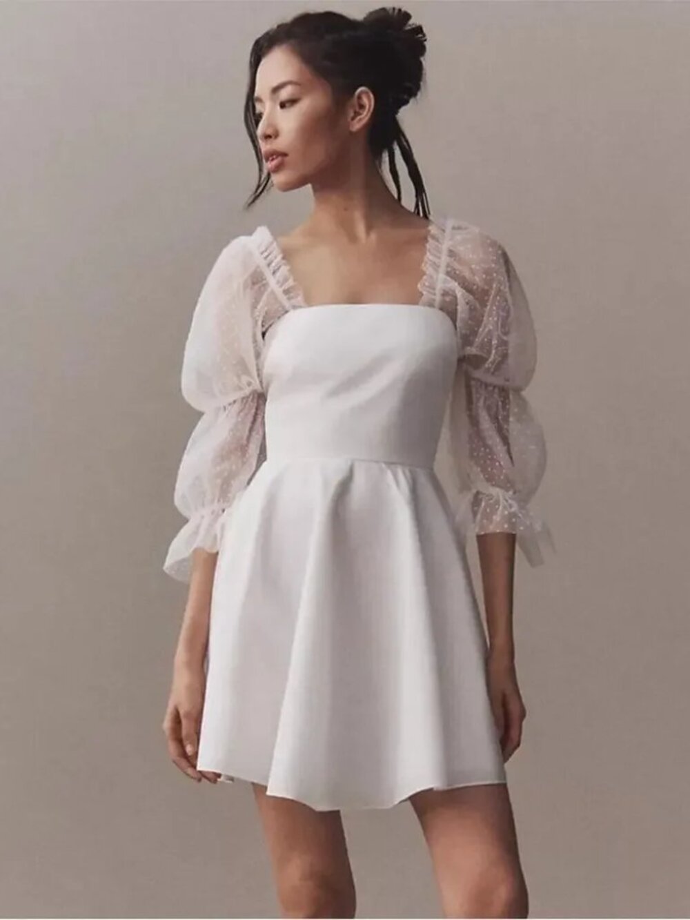NWT AMANDA UPRICHARD Fit and Flare Mini Dress With Sheer Puff Sleeves White M
